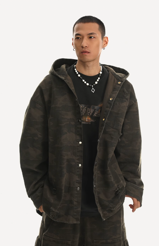 Camouflage Hooded Shirt Jacket - chiclara