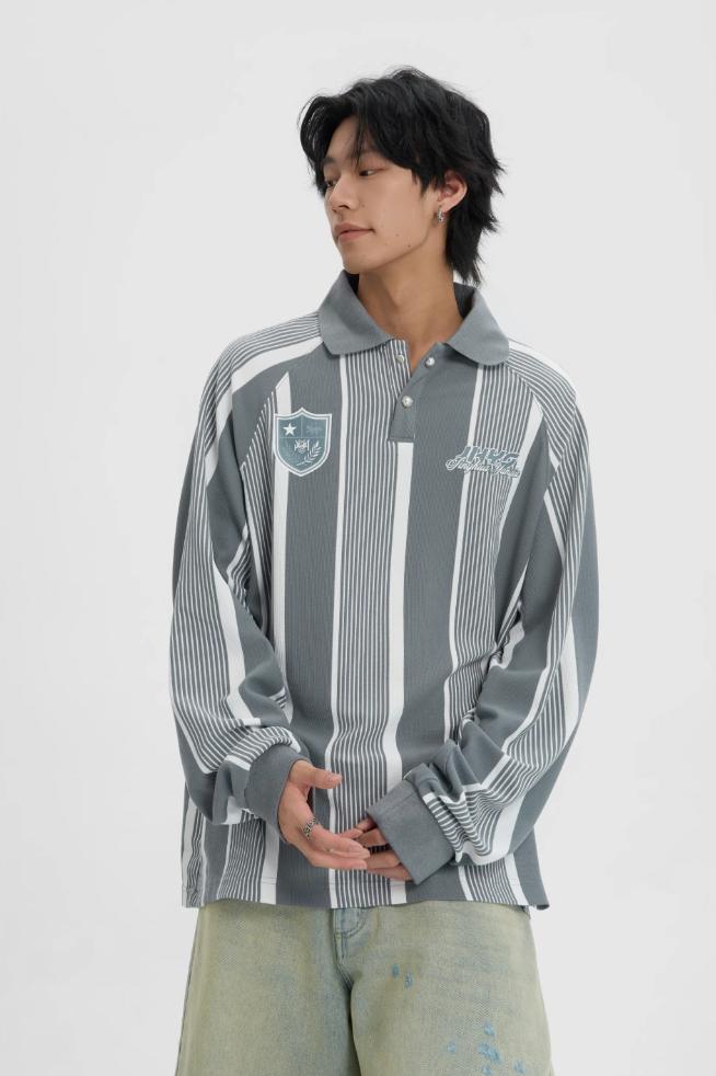 Contrast Striped Long Sleeve Polo Shirt - chiclara