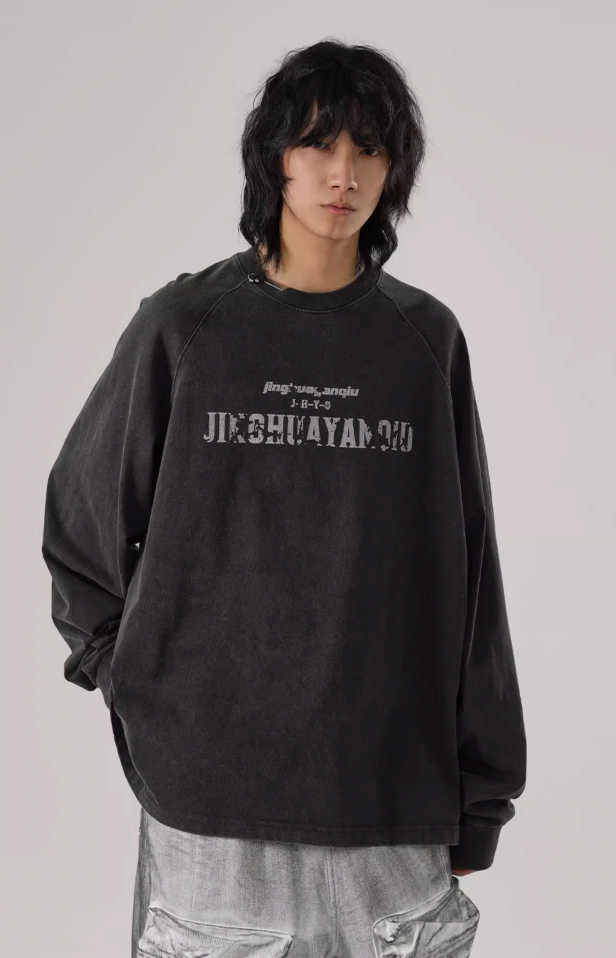 Washed Letters Logo Print Long Sleeve T-Shirt - chiclara