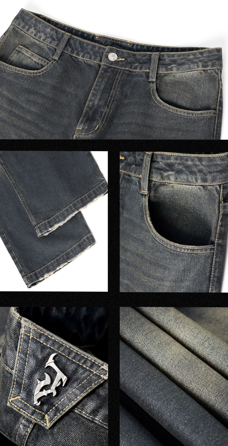 Brush Wax Process Washed Denim Jeans - chiclara