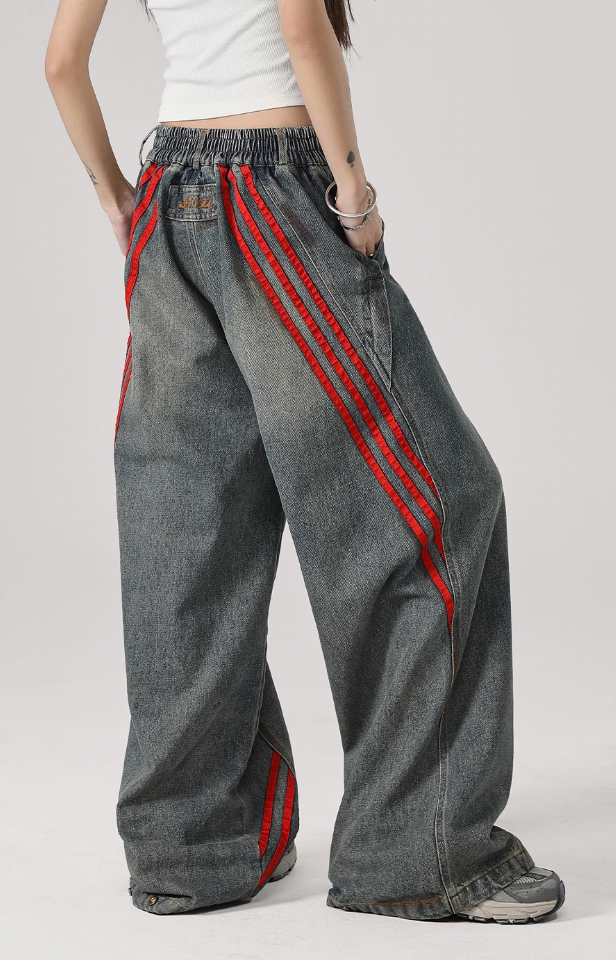 Retro Striped Wide Leg Denim Jeans - chiclara