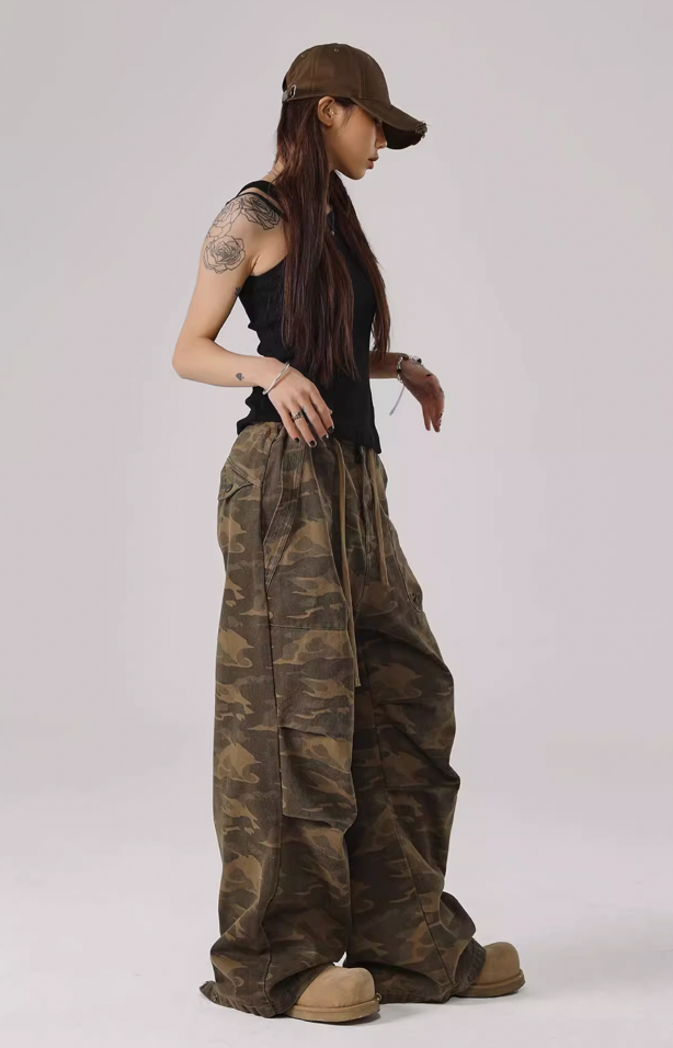 Camouflage Pleated Paratrooper Work Pants - chiclara