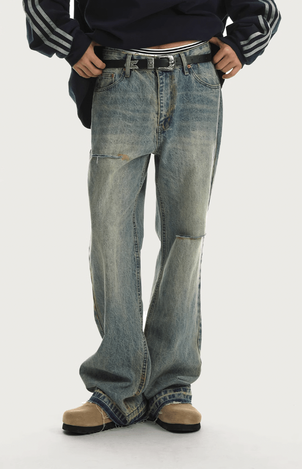 Distressed Retro Denim Jeans with Large Holes - chiclara