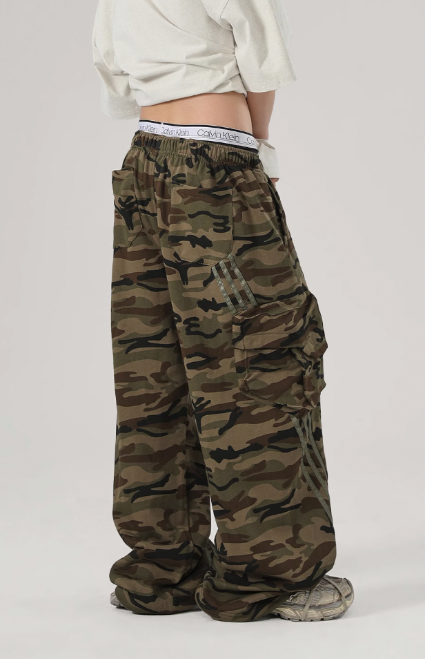 Striped Camouflage Work Cargo Pants - chiclara