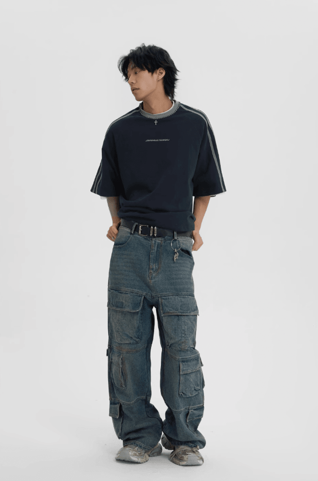 Utility Work Denim Jeans with Multiple Pockets - chiclara