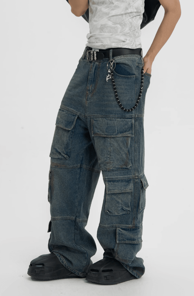 Utility Work Denim Jeans with Multiple Pockets - chiclara