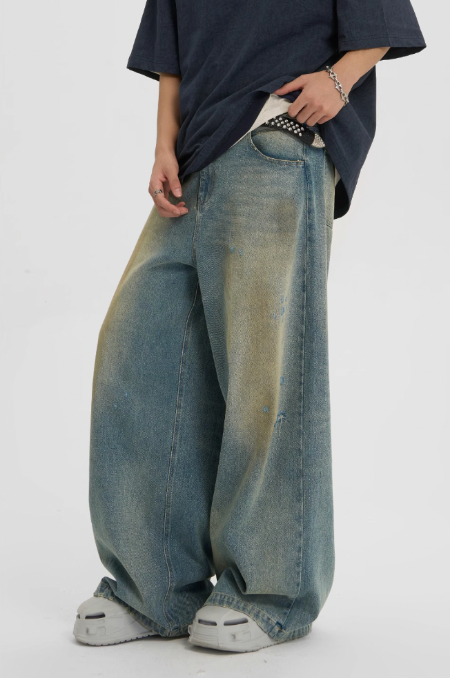 Washed Distressed Holes Wide Leg Denim Jeans - chiclara