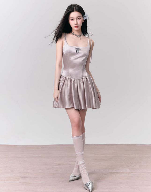 Silvery Pink Gingham Suspender Swing Dress - chiclara