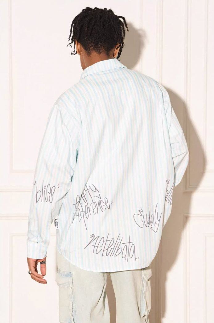 Urban Stripe Split Graffiti Printed Letter Long Sleeve Shirt - chiclara