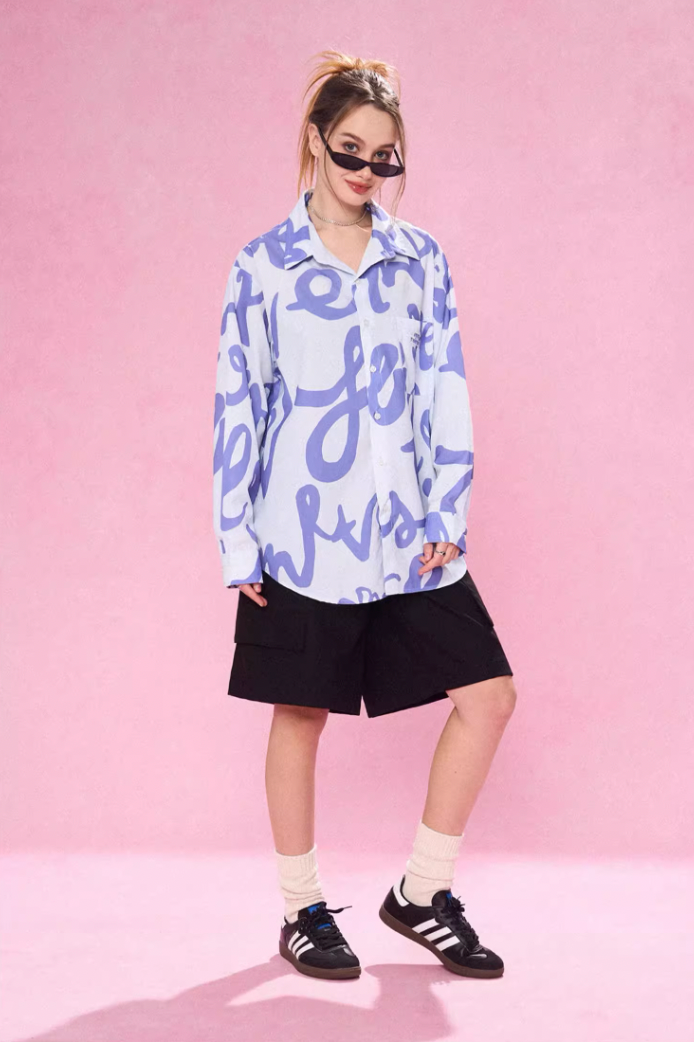 Expressive Text Full Print Long Sleeve Shirt - chiclara