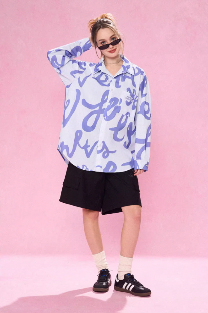 Expressive Text Full Print Long Sleeve Shirt - chiclara