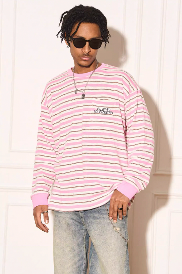 Eye-Catching Stripe Stereoscopic Color Clash Logo Long Sleeve Tee - chiclara