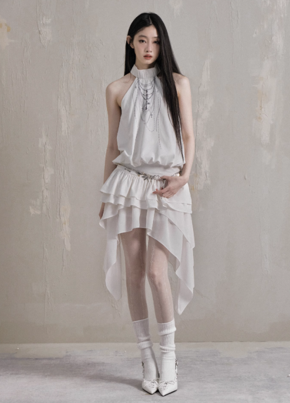 Ethereal Cascade Halter Dress And Shorts Set