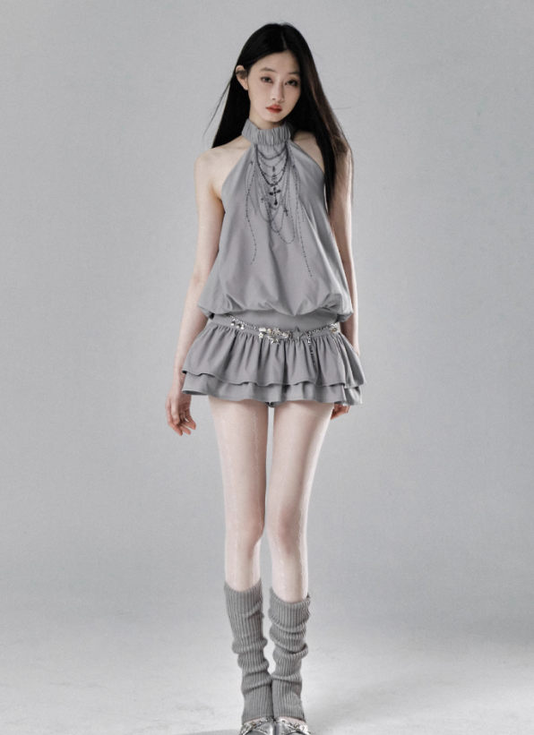 Ethereal Cascade Halter Dress And Shorts Set