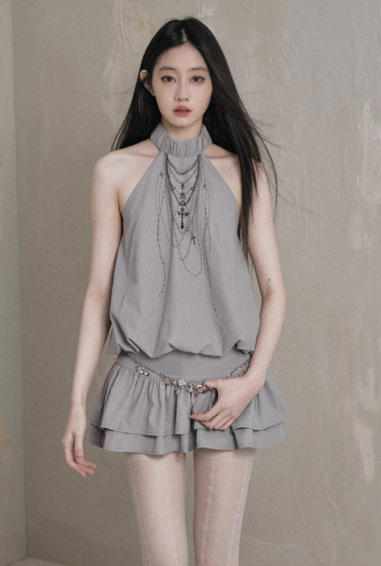 Ethereal Cascade Halter Dress And Shorts Set