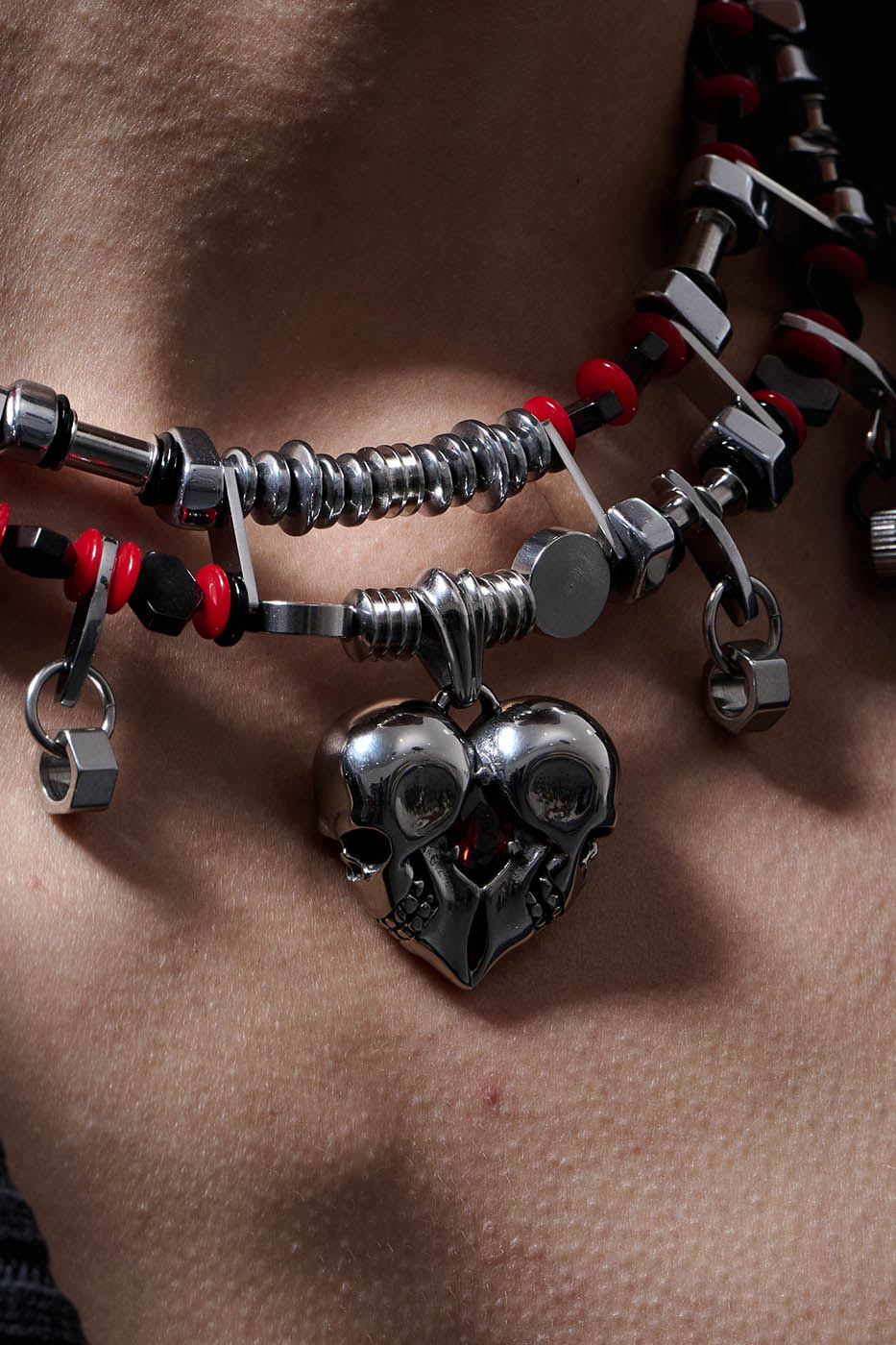 Chrome and Red Heart Skull Necklace