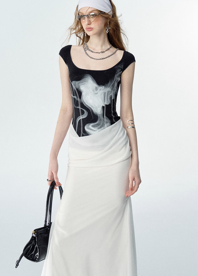 Monochrome Illusion Layered Vest Dress - chiclara
