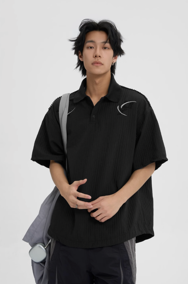 Beaded Embroidery Short Sleeve Polo Shirt - chiclara