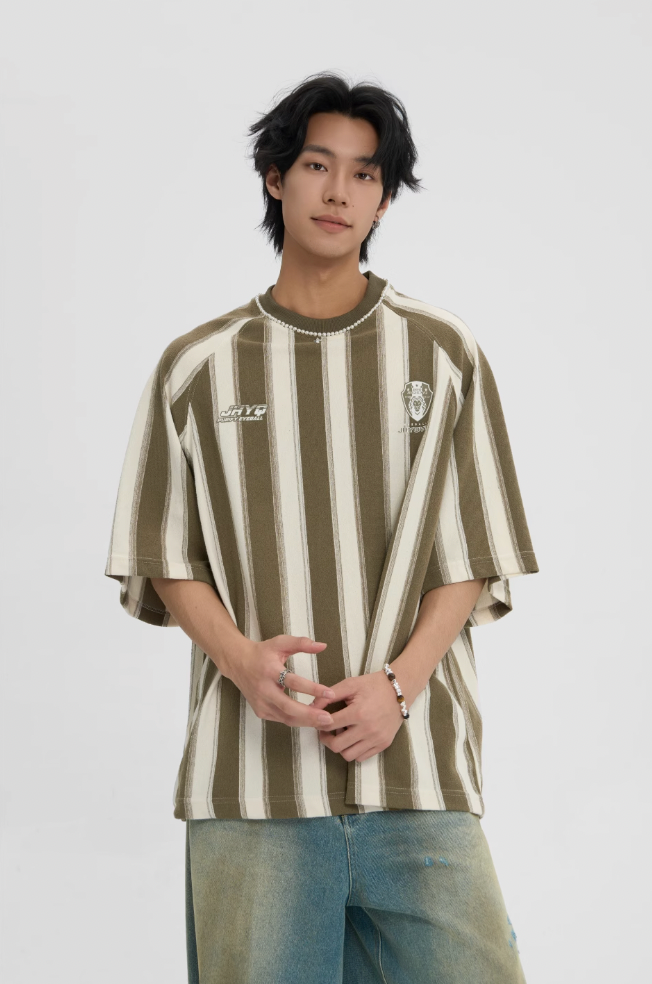 Contrast Striped Neck Beaded T-Shirt - chiclara
