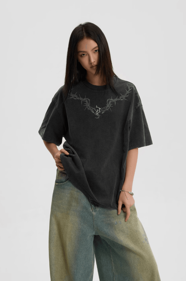 Graphic Tee with Thorn and Logo Detail - chiclara