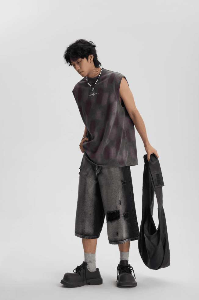 Sleeveless Tee with Washed Old Worn Spots - chiclara