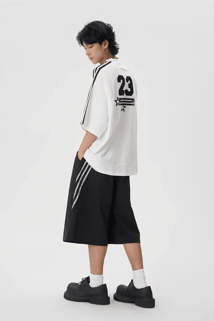 Logo Printed Tee with Striped Shoulder - chiclara