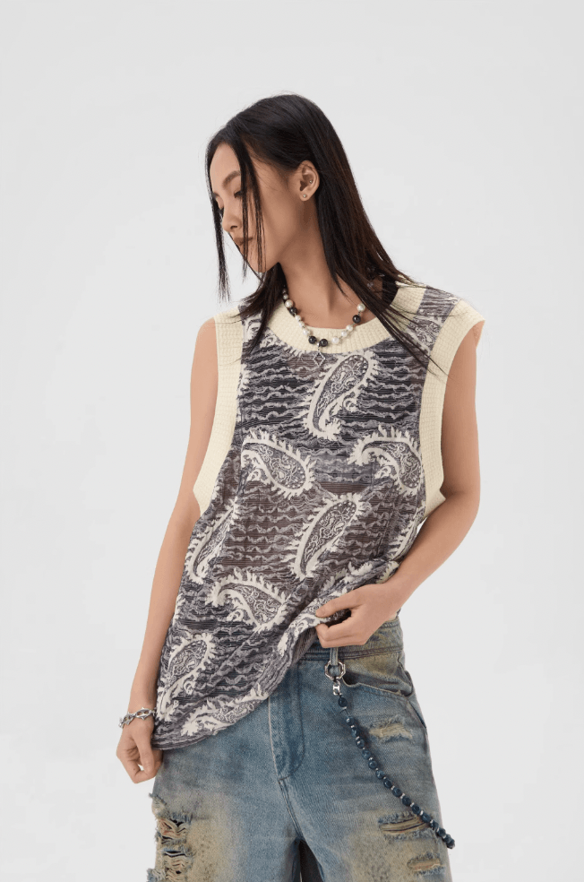 Tank Top Tee with Paisley Embroidery - chiclara