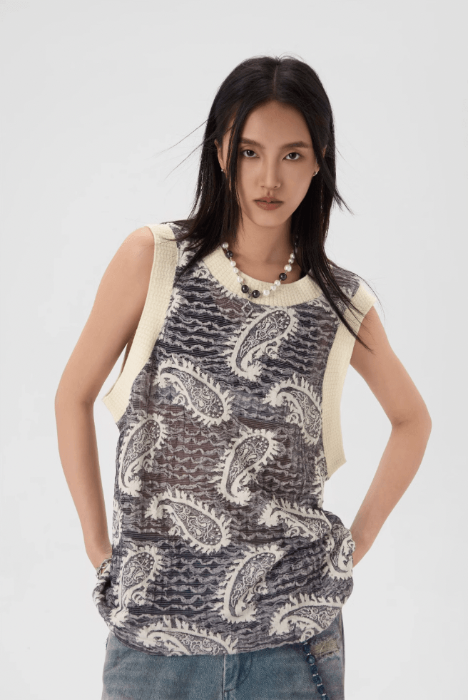 Tank Top Tee with Paisley Embroidery - chiclara