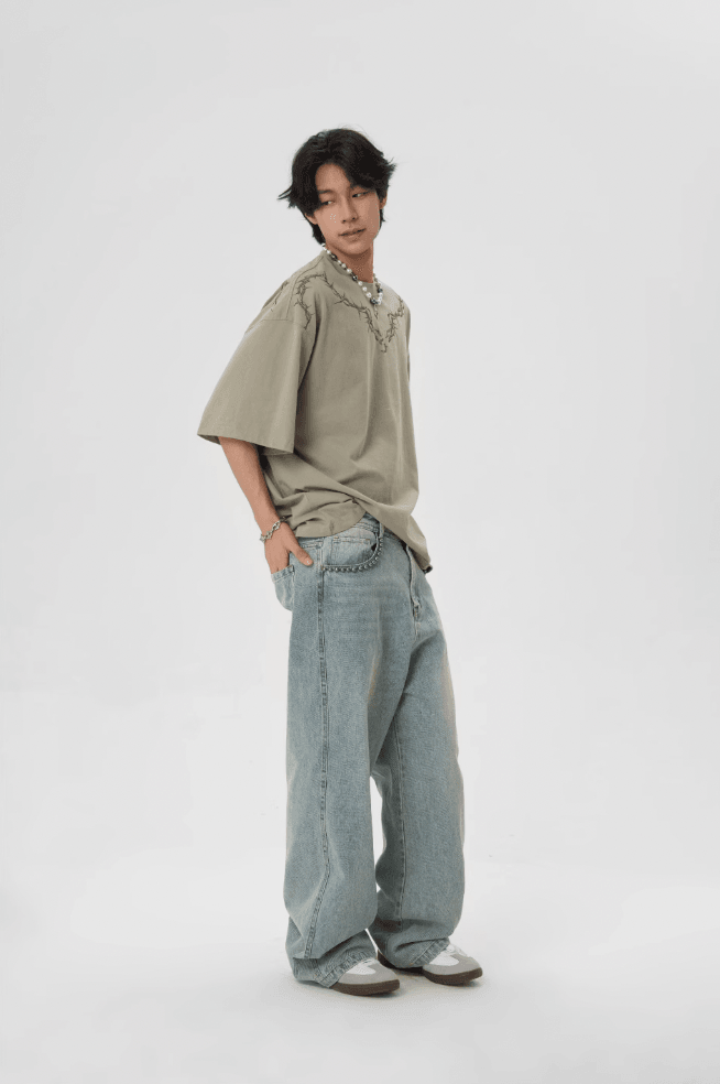 Light Wash Baggy Jeans with Beaded Pockets - chiclara