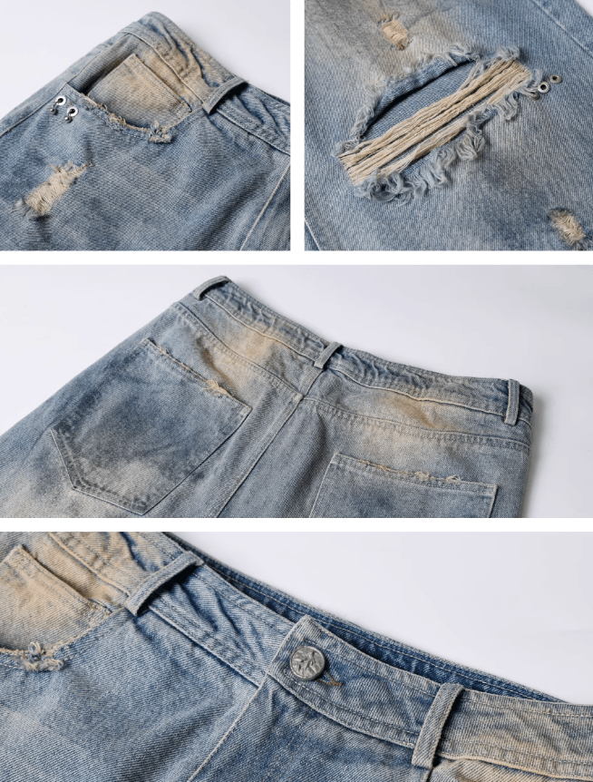 Dirty Dyed Baggy Jeans with Washed Holes - chiclara