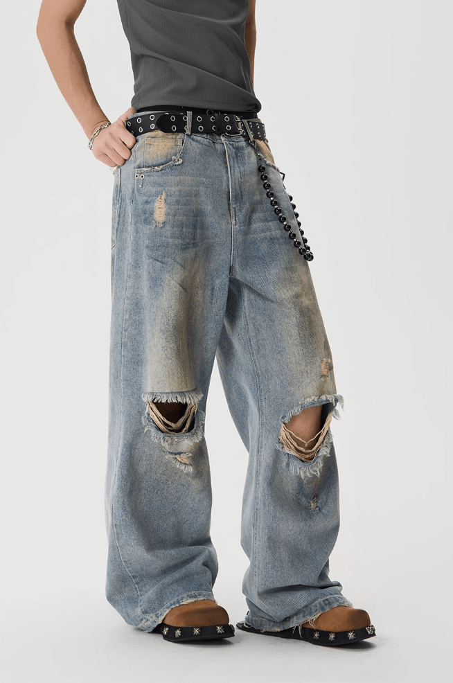 Dirty Dyed Baggy Jeans with Washed Holes - chiclara