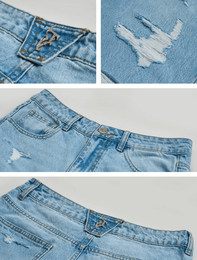 Light Wash Baggy Jeans with Distressed Holes - chiclara