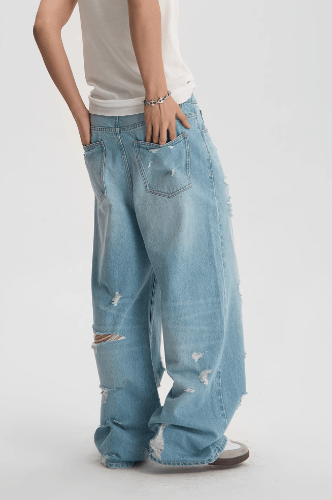 Light Wash Baggy Jeans with Distressed Holes - chiclara