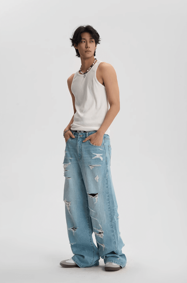 Light Wash Baggy Jeans with Distressed Holes - chiclara