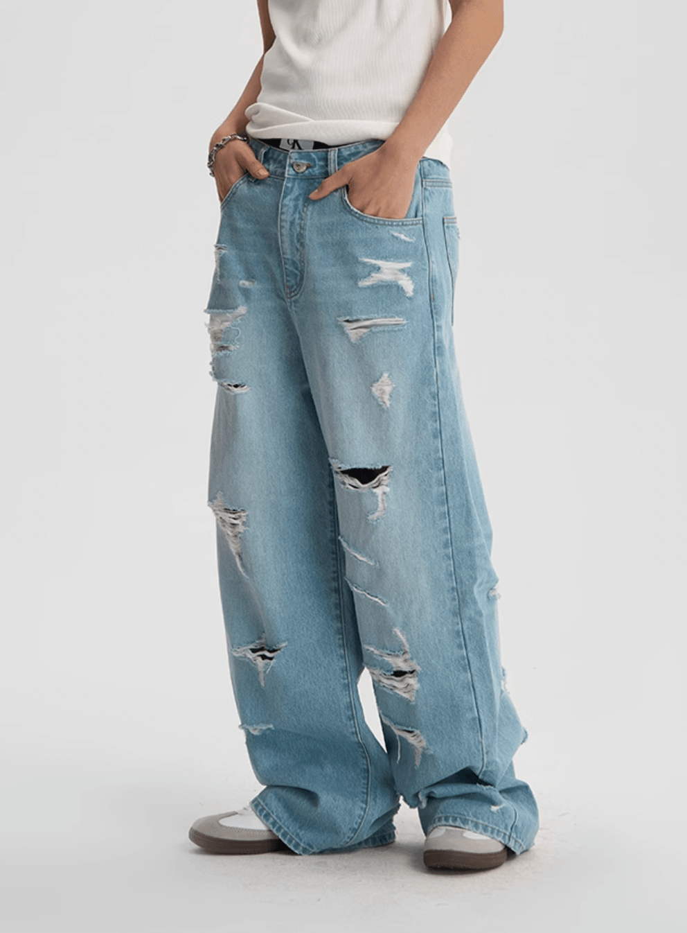 Light Wash Baggy Jeans with Distressed Holes - chiclara