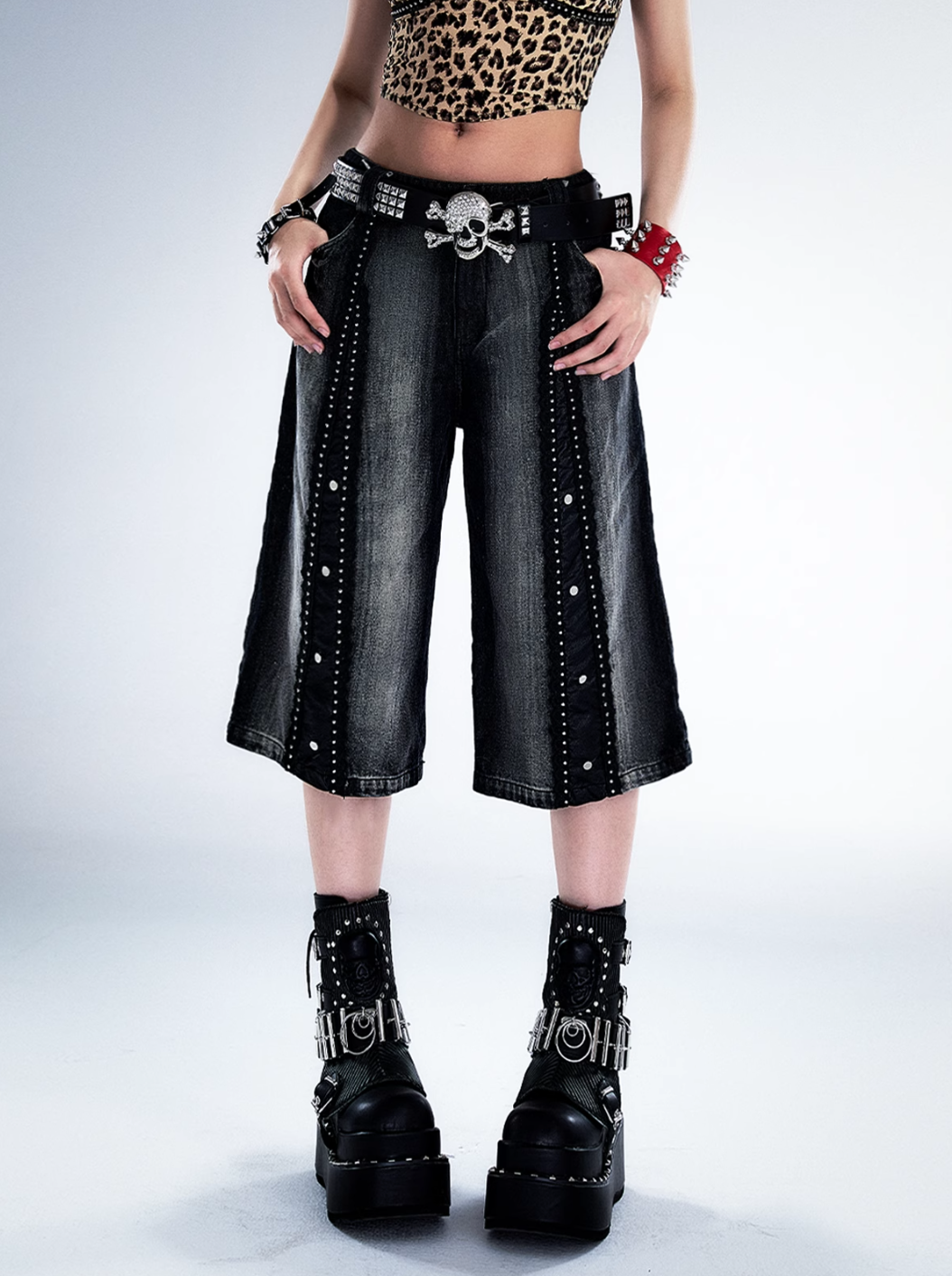 Frustration Garden Punk Rock Skull Belt - Black Leather with Metal Studs and Crossbones Buckle