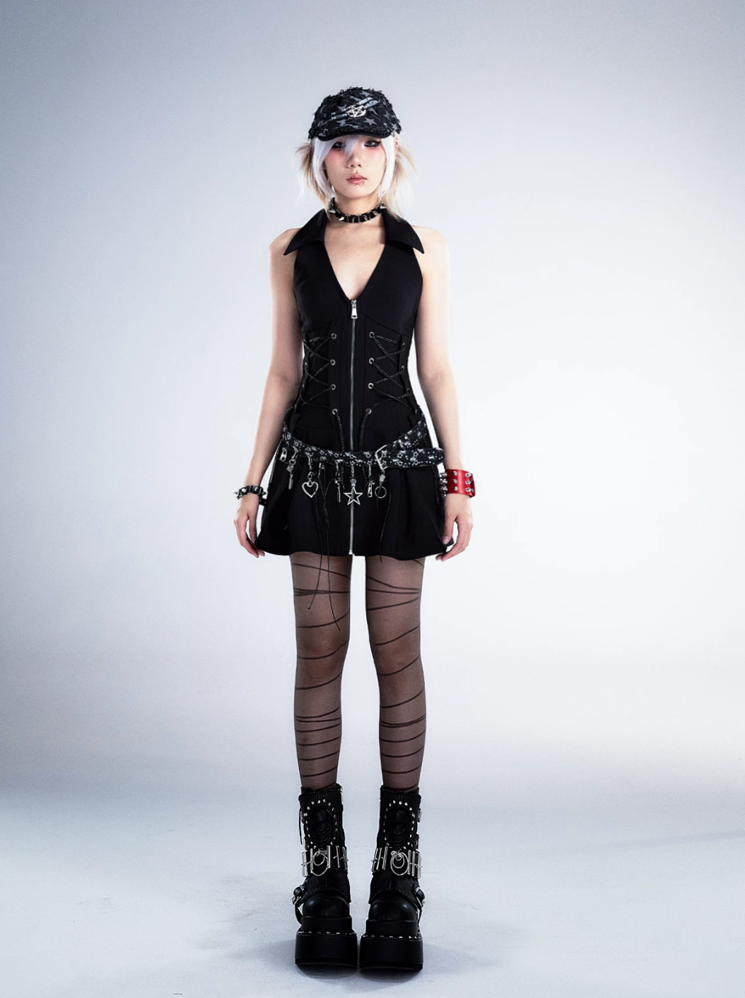 Frustration Garden Gothic Punk Mini Dress - Black Sleeveless Halter with Corset Lacing and Front Zipper