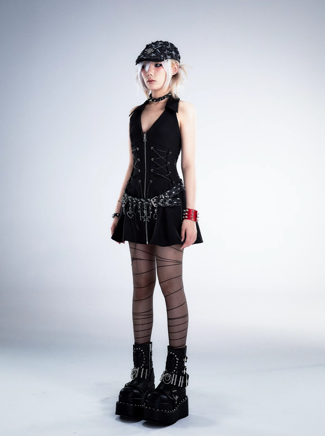 Frustration Garden Gothic Punk Mini Dress - Black Sleeveless Halter with Corset Lacing and Front Zipper