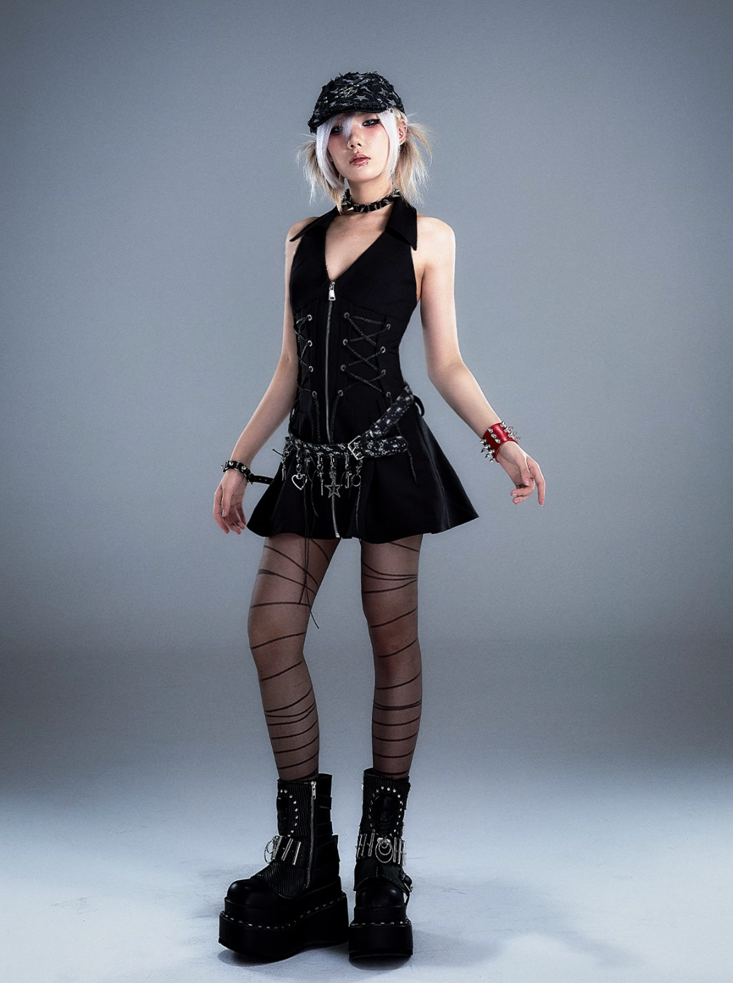 Frustration Garden Gothic Punk Mini Dress - Black Sleeveless Halter with Corset Lacing and Front Zipper