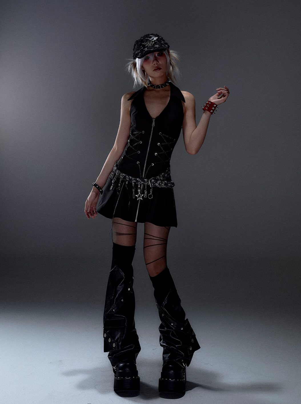 Frustration Garden Gothic Punk Mini Dress - Black Sleeveless Halter with Corset Lacing and Front Zipper