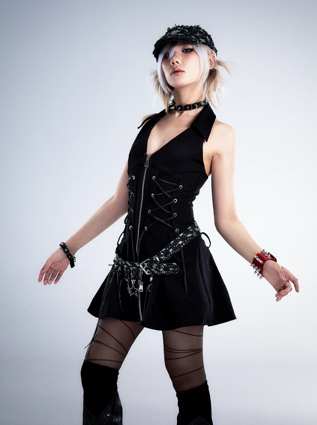 Frustration Garden Gothic Punk Mini Dress - Black Sleeveless Halter with Corset Lacing and Front Zipper