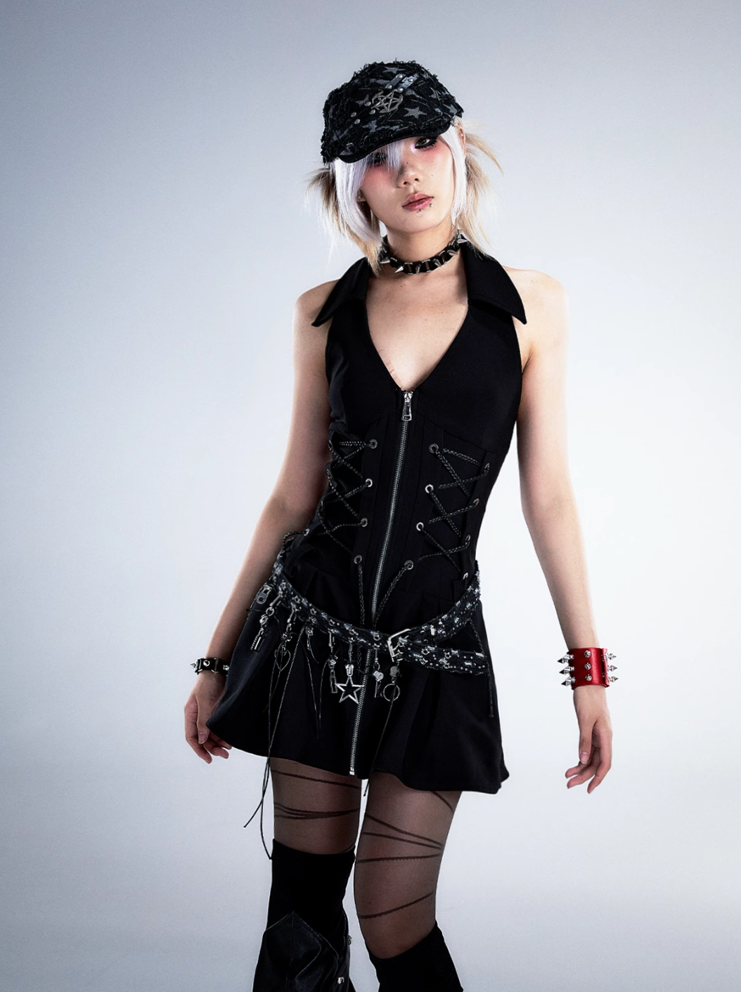 Frustration Garden Gothic Punk Mini Dress - Black Sleeveless Halter with Corset Lacing and Front Zipper