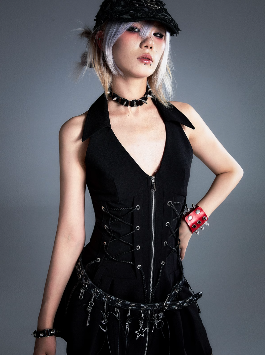 Frustration Garden Gothic Punk Mini Dress - Black Sleeveless Halter with Corset Lacing and Front Zipper