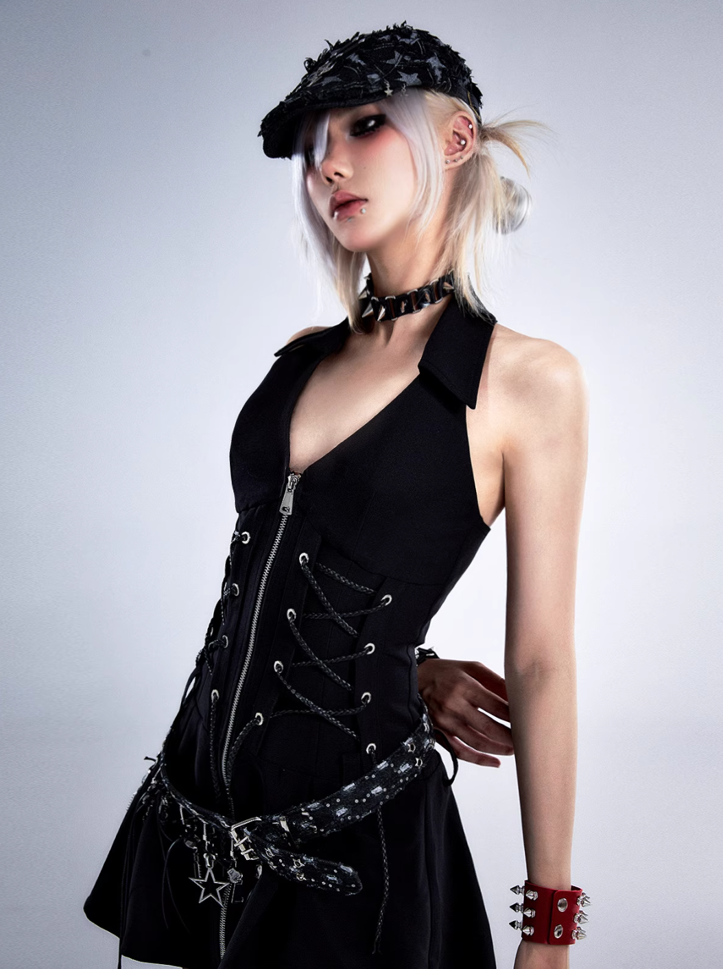 Frustration Garden Gothic Punk Mini Dress - Black Sleeveless Halter with Corset Lacing and Front Zipper