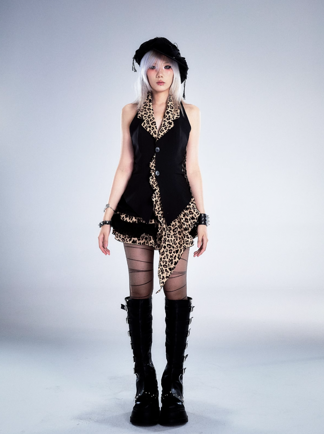 Frustration Garden Gothic Punk Halter Vest - Black With Leopard Print Lapels And Button Front