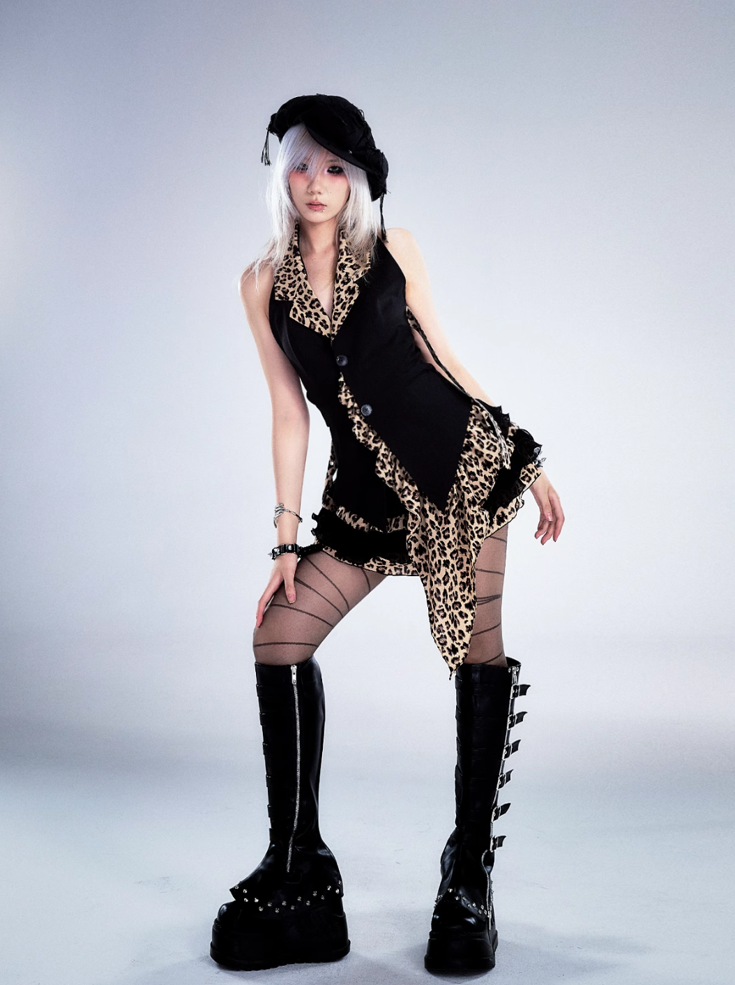 Frustration Garden Gothic Punk Halter Vest - Black With Leopard Print Lapels And Button Front