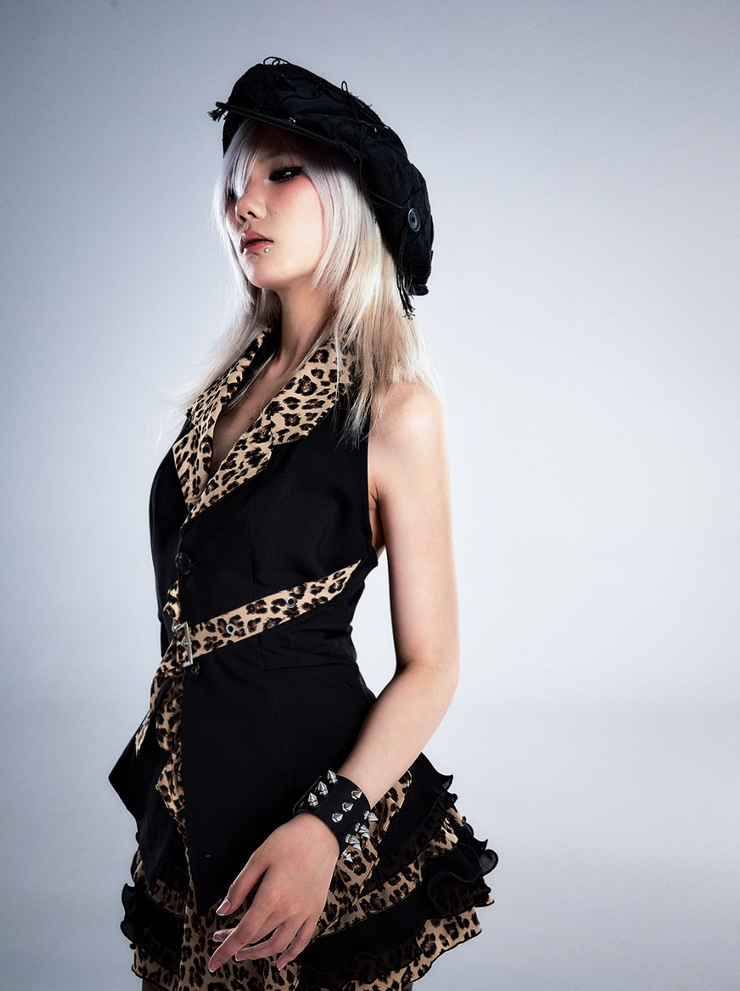 Frustration Garden Gothic Punk Halter Vest - Black With Leopard Print Lapels And Button Front