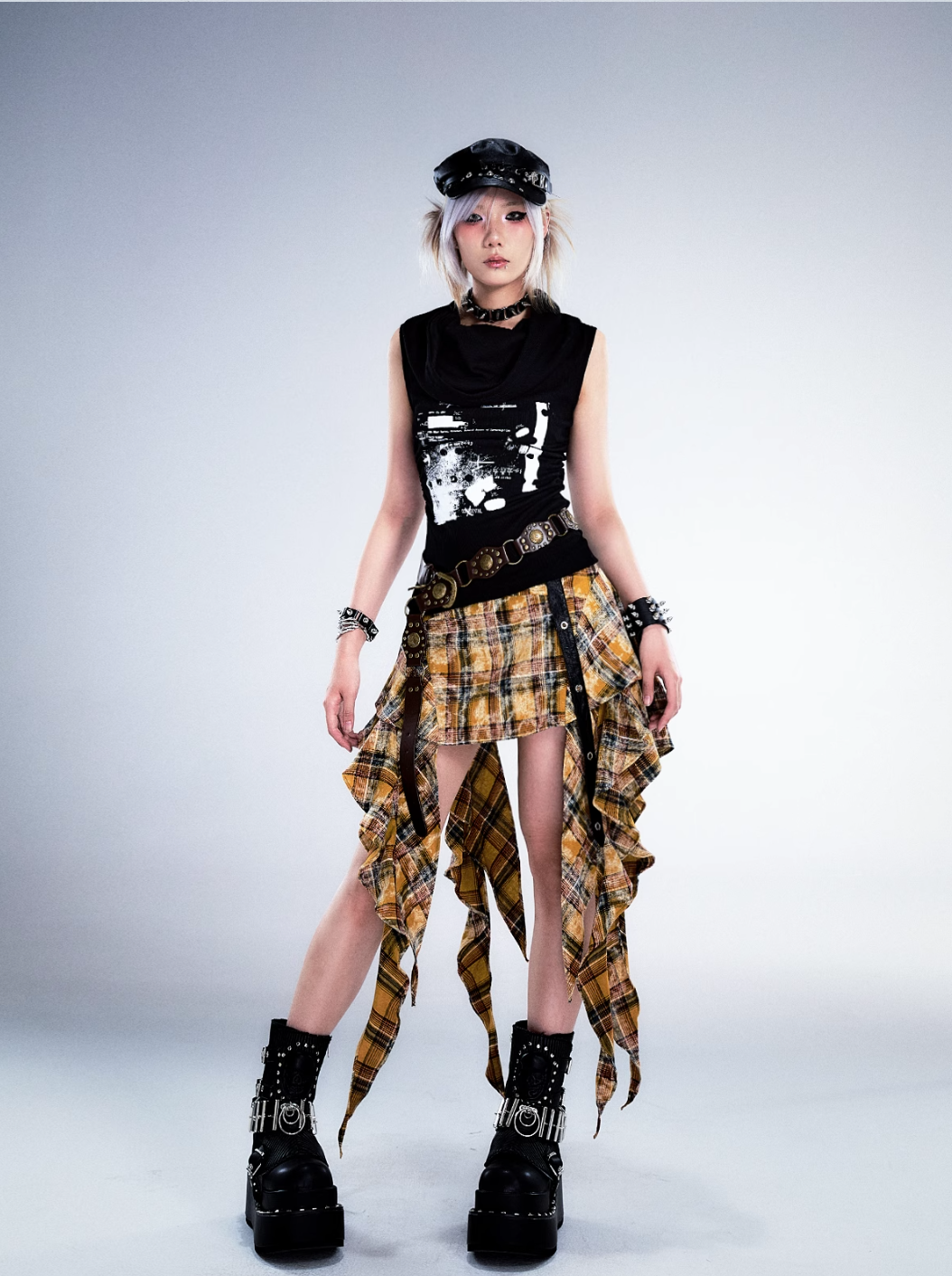 Frustration Garden Gothic Punk Asymmetrical Skirt - Yellow Plaid Ruffled Mini With Leather Straps