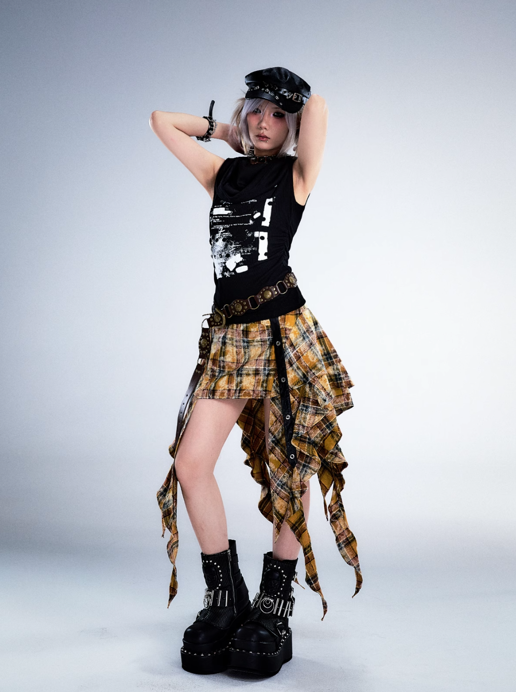 Frustration Garden Gothic Punk Asymmetrical Skirt Yellow Plaid