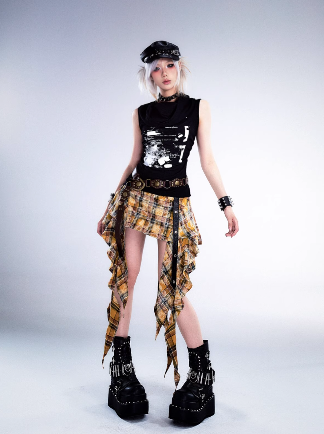 Frustration Garden Gothic Punk Asymmetrical Skirt - Yellow Plaid Ruffled Mini With Leather Straps